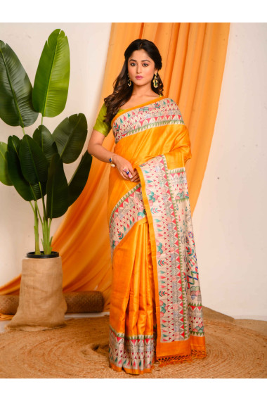 Madhubani Hand Paint Tussar Saree in Shades of Yellow - BSHP34